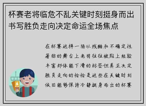 杯赛老将临危不乱关键时刻挺身而出书写胜负走向决定命运全场焦点 杯赛老将临危不乱关键时刻挺身而出书写胜负走向决定命运全场焦点
